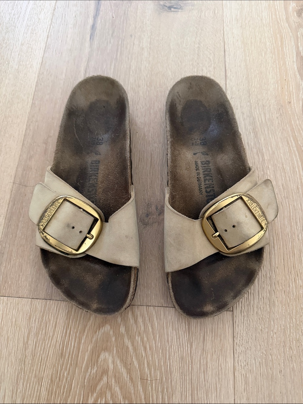 Birkenstock Beige Suede Slide with Gold Buckle